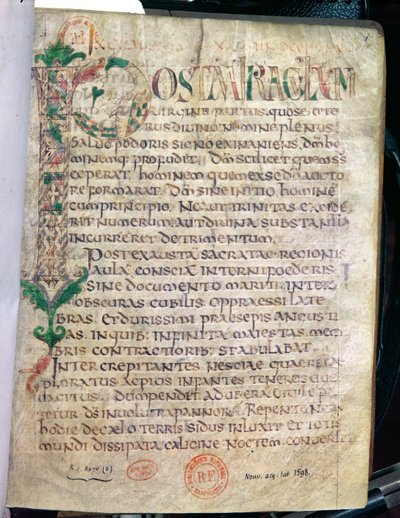 Ms Lat 1598 Fol.1 Zoomorphic historiker initial P, fra et værk af Saint Augustine (354-430) af French School