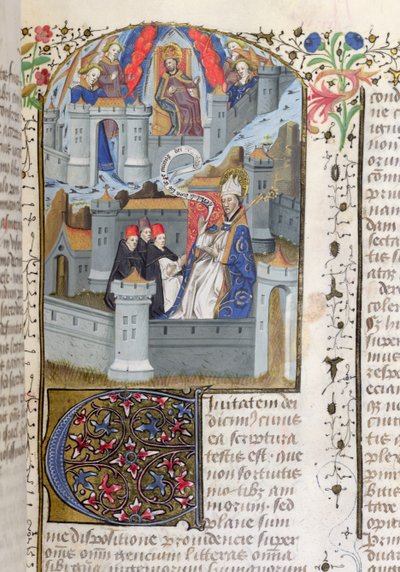 Ms Lat 592 f.127 Jerusalem og Babylon, fra La Cite de Dieu af St. Augustine af French School