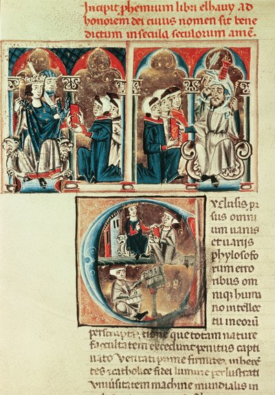 Fru Lat. 6912 fol.1v En jødisk lærd præsenterer en oversættelse af en arabisk afhandling for Philippe dAnjou af French School