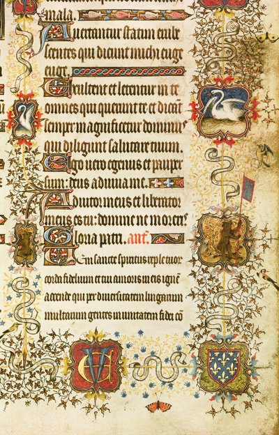 Ms Lat 919 fol.96 Detalje af våbenskjolde og dyredekoration, fra St. Peter Leading Jean de France (1340-1416) Hertugen af Berry til Paradis, fra Grandes Heures de Duc de Berry af French School
