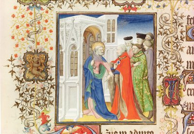 Ms Lat 919 fol.96 St. Peter Leading Jean de France (1340-1416) Duke of Berry into Paradise, fra Grandes Heures de Duc de Berry, 1409 (se også 159985 og 30908) af French School