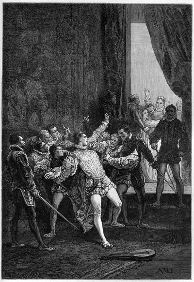 Mordet på David Rizzio (Davide) i nærværelse af Mary Stuart (Marie Iere) (1542-1587) - indgravering i "The History of England, from more remote times" af Francois Guizot 1877 af French School