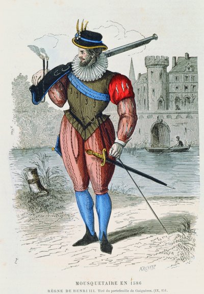 Musketer i 1586, illustration fra Costumes de Paris a travers les siecles af H. Gourdon de Genouillac, graveret af A. Renard (farvestik) af French School