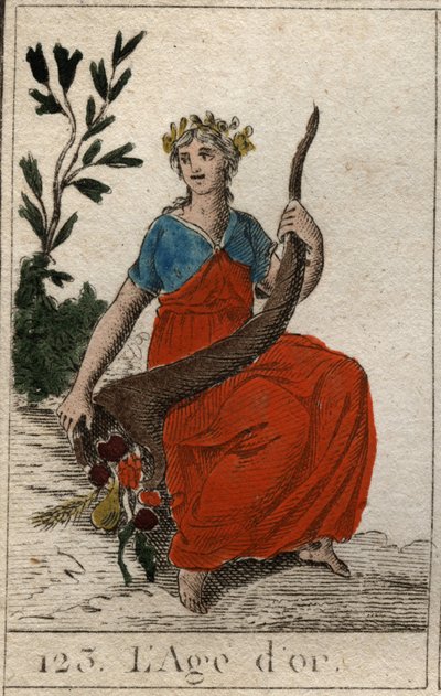 Myte om menneskehedens tidsalder: repræsentation af guldalderen, som en ung jomfru med perfekt skønhed, kronet med blomster og med et horn af overflod (Golden Age skildrer som en ung og smuk kvinde, der holder et overflødighedshorn og kronet med blomster). af French School