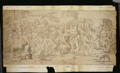 Mytologisk scene med satyrer (pen, blæk og lavering på papir) af French School