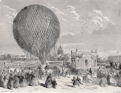 Nadars ballon, Le Géant klargøres på Champ de Mars, Paris til sin første flyvning den 4. oktober 1863, illustration fra Paris a Travers Les Siecles: Tome 5, 1889 af French School
