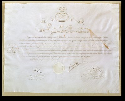 Napoleon Bonaparte (1769-1821) tilladelse til køb af Louisiana af USA, 30. april 1803 (blæk på vellum) af French School
