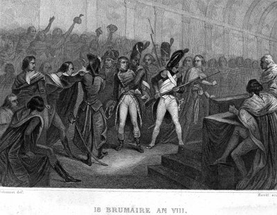 Napoleon Bonapartes statskup den 18. Brumaire år VIII (1799) i Hall of the Council of Five Cents (Five Cents) (room of 500) of Saint Cloud - in “” Revolution francaise”” af Thiers. 19. århundrede af French School