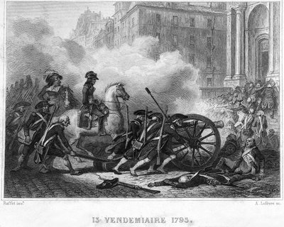 Napoleon knuser Royalist Rebellion - Napoleon Bonaparte (til hest) kommanderede revolutionære tropper i gadekampe den 13. Vendemiaire (5. oktober) - 13. Vendemiaire 1795 (Royalistisk opstand den 5. oktober 1795): Bonaparte genindtog ordenen ved shoo af French School