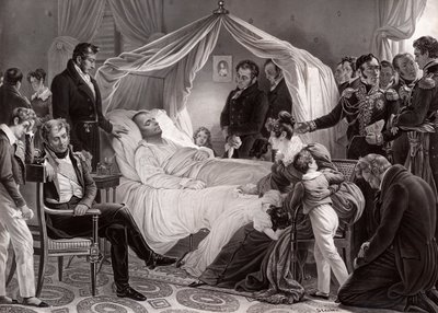 Napoleon I på sit dødsleje på St. Helena den 5. maj 1821 efter et maleri af Charles de Steuben af French School