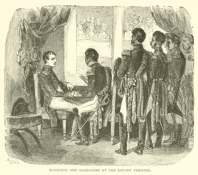 Napoleon og Alexander ved Erfurt Theatre (gravering) af French School