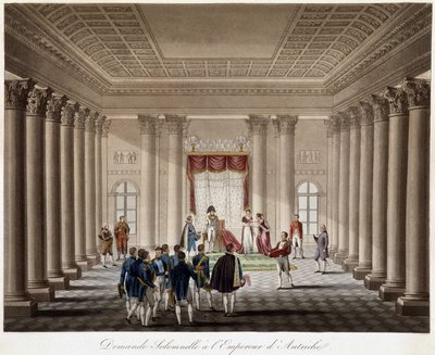 Napoleon spørger Marie Louise i ægteskab med kejseren af Østrig - i "" Historisk historie om krigen mellem Frankrig og Østrig i 1809"" af French School
