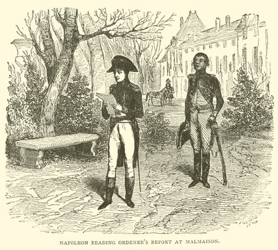 Napoleon læser ordeners rapport ved Malmaison (gravering) af French School