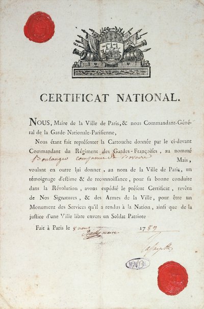 Nationalt certifikat for god opførsel under den franske revolution, 8. august 1789 i Paris af French School