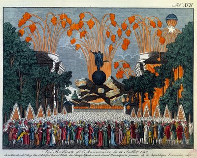 Nationalfesten den 14. juli 1801 på Champs Elysees i Paris: Fyrværkeri finder sted fra stjernen på Champs Elysees i Paris. Tryk fra 1801 Paris, Musee Carnavalet af French School