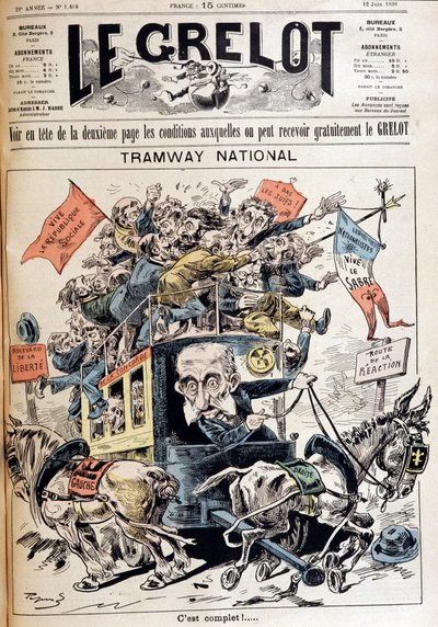 National sporvogn: Frankrig kasseret mellem ideerne om venstre og højre, karikatur om Meline-regeringen - i "" Le Grelot"" af 12/06/1898 af French School