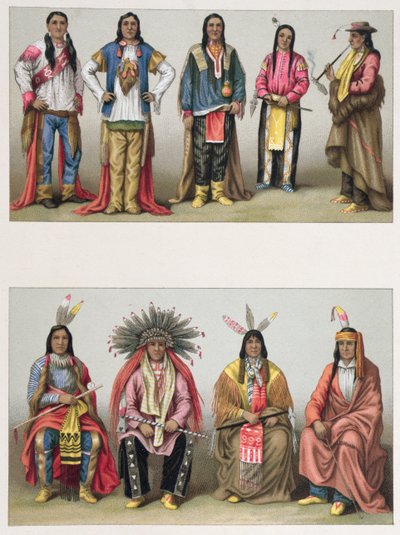 Indfødte amerikanere fra Mississippi-bassinet og fra Colorado, illustration fra Le Costume Historique af A. Racinet, udgivet i Paris 1888 af French School