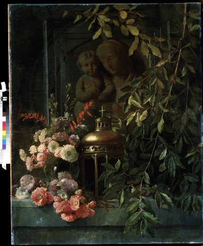 ""Stilleben"" (Madonna med barn, lanterne, blomster (inklusive nellike) Maleri af den franske skole 1800-tallet. Mikhail Kroshitsky Kunstmuseum, Sevastopol (Sevastopol) Ukraine af French School