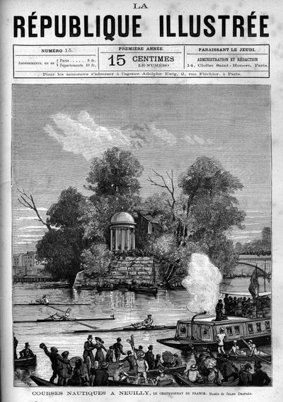 Nautiske løb: Fransk mesterskab i roning arrangeret på Seinen ud mod Ile de la Grande Jatte i Neuilly. En avis. Indgravering fra 1880 i "La republique illustree"" privatsamling. af French School