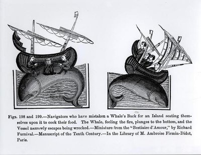 Navigatører, der har forvekslet en hval tilbage for en ø, der sætter sig på den for at lave mad, fra Bestiaire dAmour, illustration fra Science and Literature in the Middle Age og R. af French School