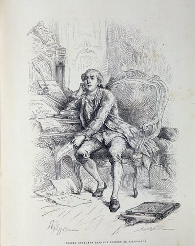 Necker på sit kontor i Saint-Ouen, omgivet af notater "Reform of Gabelles", "Skatter", "Afskaffelse af told" osv. af French School