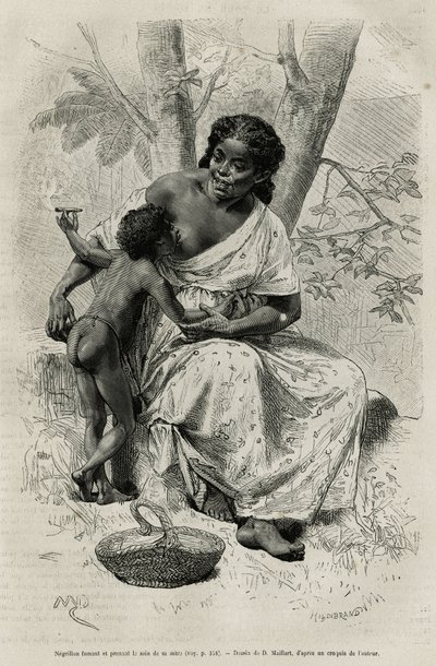 Negillon ryger og tager brystet af sin mor i Darien-regionen (det østlige Panama), graverer efter en tegning af D.Maillart, for at illustrere historien Exploration at Panamas and Dariens isthms, af A. Reclus, skibsløjtnant, fra 1876 til 1878 af French School