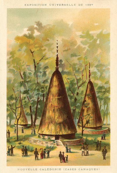 Ny Kaledonien (Kanak-hytter), Exposition Universelle 1889, Paris (chromolitho) af French School
