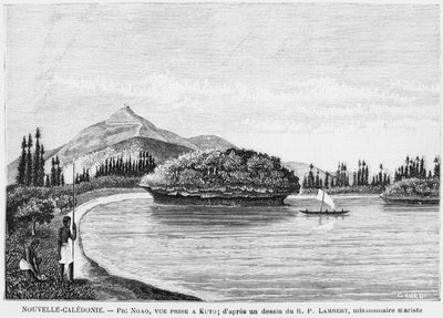 New Caledonia, Isle of Pines, Pic Nga set fra Kuto, efter en tegning af pastor Fader Lambert, en maristmissionær, illustration fra bulletinen Les Missions Catholiques, 1893 af French School
