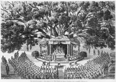 Ny Kaledonien, der fejrer messe på øen Nou, efter en pen- og blæktegning af en transporteret, illustration fra bulletinen Les Missions Catholiques, 1875 af French School