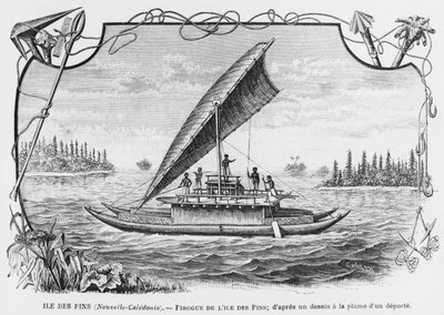 Ny Kaledonien, pirog på Isle of Pines, efter en pen- og blæktegning af en deporteret, illustration fra bulletinen Les Missions Catholiques, 1893 af French School