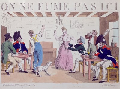 Rygning forbudt karikatur mod tilstedeværelsen af de allierede tropper i Paris, 1815 (farvegravering) af French School