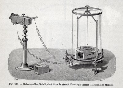 Nobili galvanometer placeret i kredsløbet af et termoelektrisk batteri af Melloni - i "" Populær fysik"" af Emile desbeaux af French School