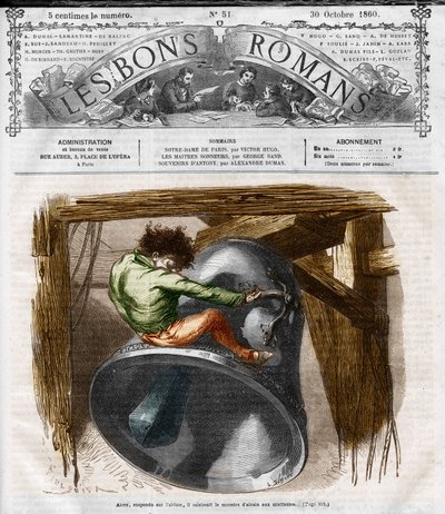 Romanserie: "Notre Dame de Paris" af Victor Hugo (1802-1885). Quasimodo på klokketårnet. Indgravering i "" Les bons romances"" af French School