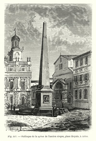Obelisk af rygraden i det gamle cirkus, Place Royale, i Arles (gravering) af French School