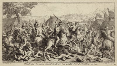 Odo, hertug af Aquitaine, besejrer umayyaderne i slaget ved Toulouse, 721 (gravering) af French School