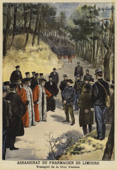 Rettens betjente besøger stedet for mordet på hr. Kauffmann, en farmaceut fra Limours, nær Royat, Frankrig, 1897 af French School
