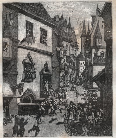 Den 20. maj 1636 blev otte falskmøntnere arresteret i rue Champfleuri af to politikommissærer ledsaget af et dusin sergenter - i "Paris a travers les siecles"" af Nicolas Jules Henri Gourdon de Genouillac (1826-1898) af French School