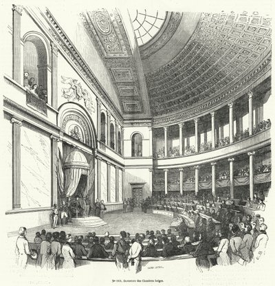 Åbning af Repræsentanternes Kammer, underhuset i det belgiske parlament (gravering) af French School