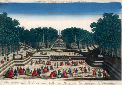 Optisk udsigt: Perspektiv udsigt over den store sal af lundene i Versailles haver. Indgravering af det 18. århundrede. af French School