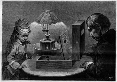 Optisk illusion: praxinoskopteateret, apparat opfundet af Emile Reynaud (1844-1918). Indgravering i "" Nature. Journal of science og dets anvendelser til kunst og industri. af French School