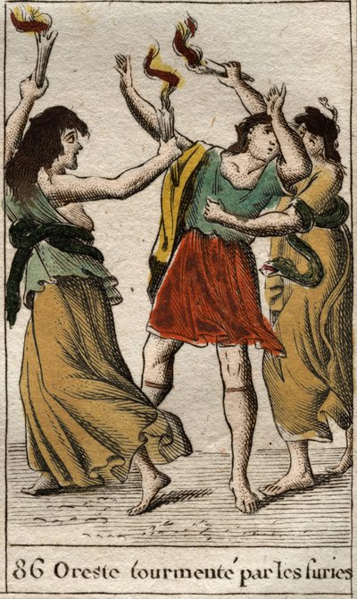 Orestes forfulgt af Erinyes (eller Furies) for at hævne sin far Agamemnons død ved at dræbe sin mor Clytemnestra). Fra "Mythology of Youth" af Pierre Blanchard 1803. af French School