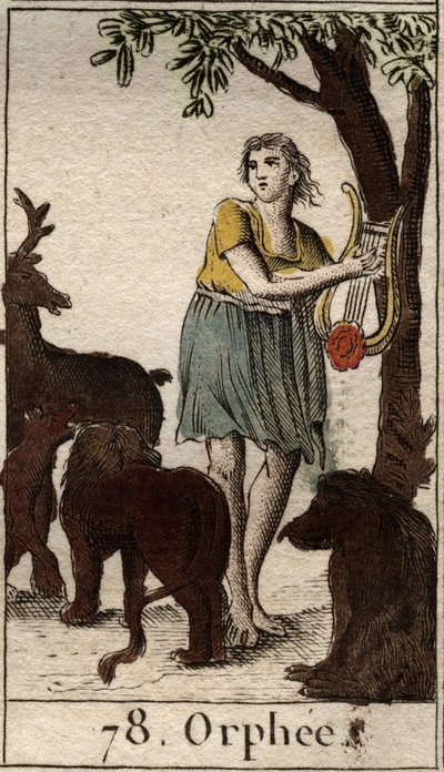 Orpheus charmerer de vilde dyr ved at spille sin lyre fra "Mythologie de la jeunesse" af Pierre Blanchard 1803. af French School