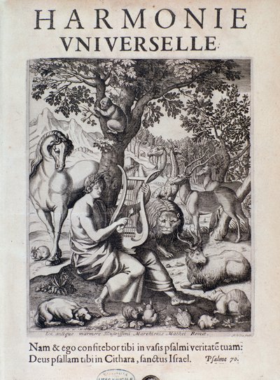 Orfeus spiller for dyr. Forsidebillede af Harmonie universelle af Marin Mersenne af French School