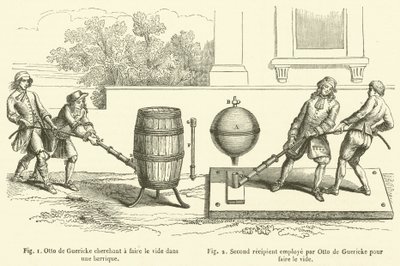 Otto de Guericke søger at skabe et vakuum i en tønde, Anden modtager ansat af Otto de Guericke til at skabe et vakuum (gravering) af French School