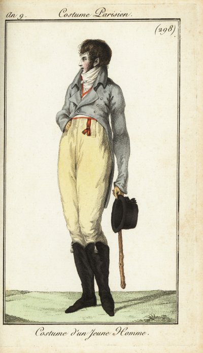Outfit af en ung mand eller Incroyable, maj 1801 (håndfarvet kobberstik) af French School