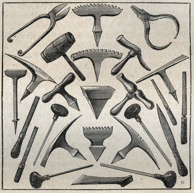Golfevre værktøjer. Indgravering fra 1885 i "" Les arts et professions illustrés"" af Adolphe BITARD. af French School