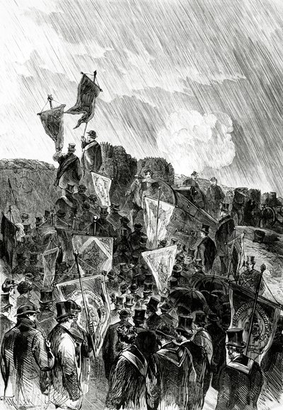 Pacifistisk demonstration af frimurernes befæstninger den 28. april 1870 for at kræve ophør af bombardementet af Paris fra Le Monde Illustré, 5. maj 1870 af French School