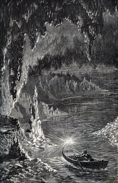 Padirac-hulen i Lot-afdelingen, i Frankrig - Underjordisk flod - Gouffre de Padirac - i Lot i Frankrig - indgravering i "" PATRIE" - PIKET BESKRIVELSE AF FRANKRIG I 6 BIND AF LUCIEN HUARD - slutningen af ​​1800-tallet af French School