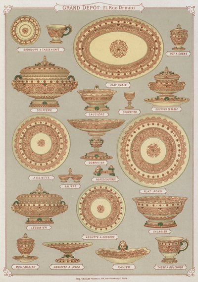 Side fra kataloget over Grand Depot de Porcelaines, Faiences et Verreries (farve litho) af French School