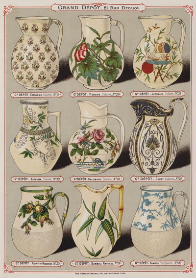 Side fra kataloget over Grand Depot de Porcelaines, Faiences et Verreries (farve litho) af French School